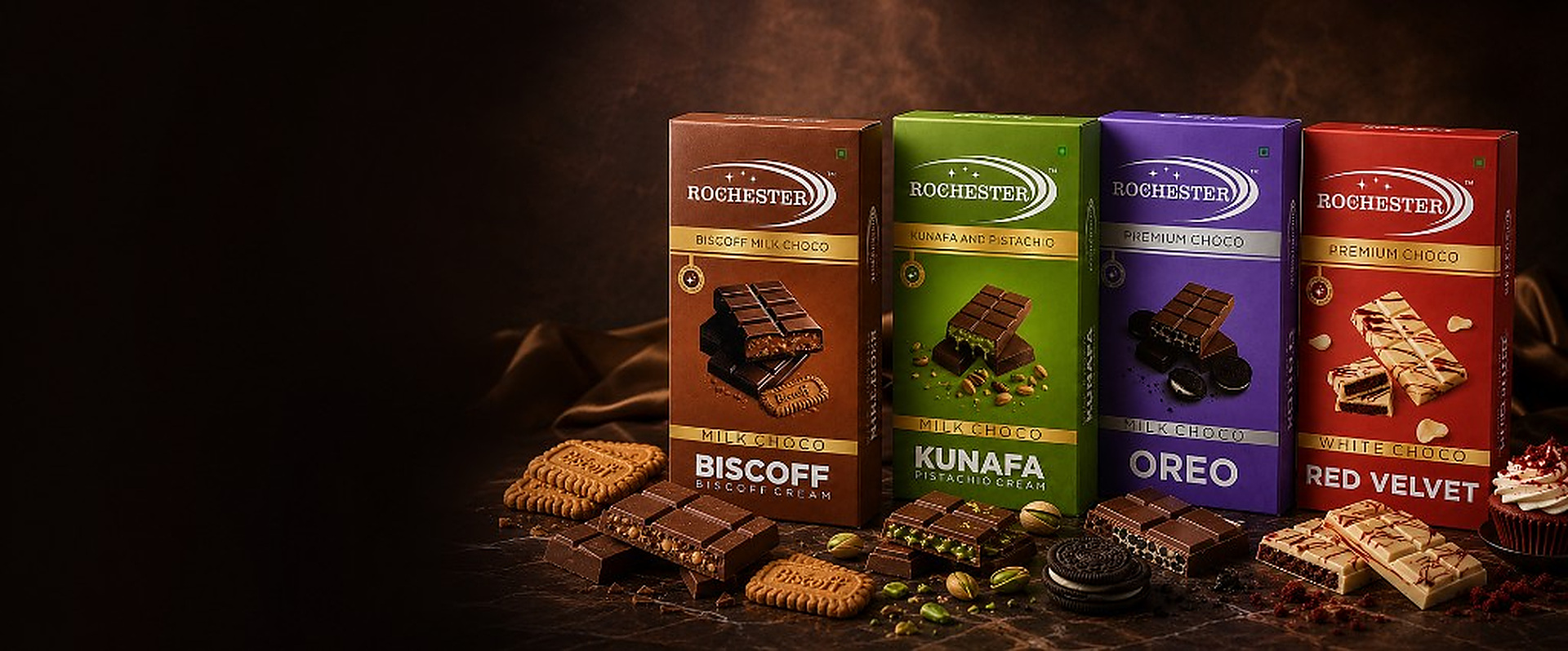 Rochester Premium Choco — Biscoff, Kunafa Pistachio, Oreo and Red Velvet
